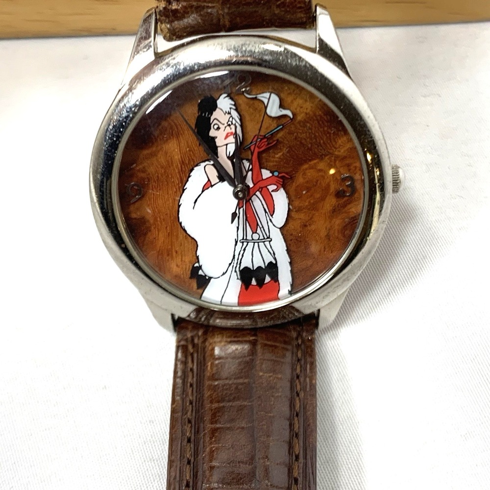 Disney Cruella DeVil Watch Marc Davis Leather Band NEW BATTERY Running‎ w/Box